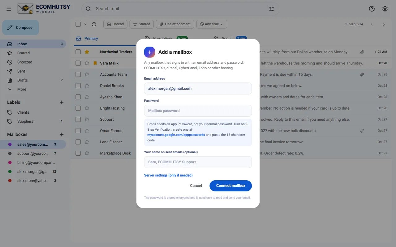 Add a mailbox form in ECOMHUTSY Webmail showing the Gmail App Password steps