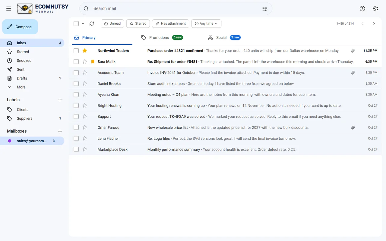 ECOMHUTSY Webmail inbox on a Windows PC