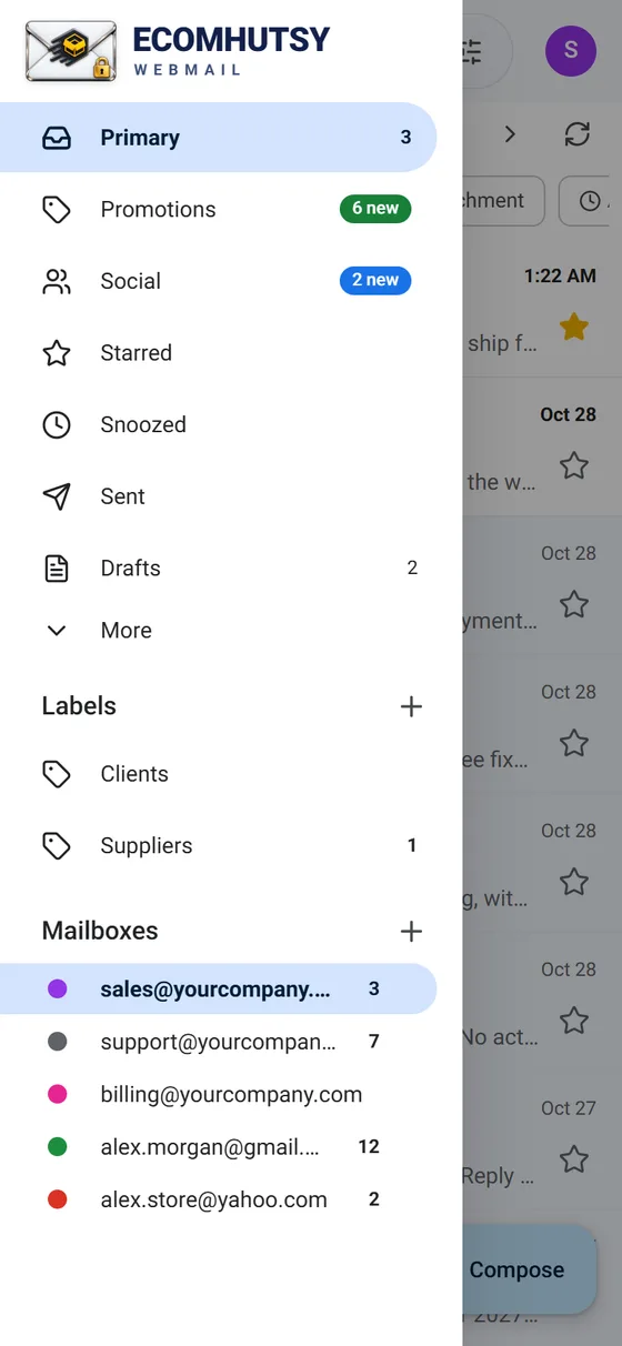 ECOMHUTSY Webmail on Android with five mailboxes: three company addresses, Gmail and Yahoo Mail