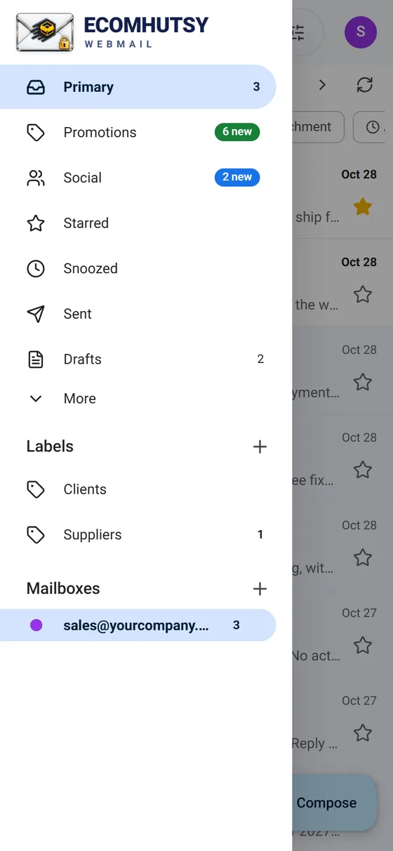 ECOMHUTSY Webmail menu on Android with Primary, Promotions, Social, labels and mailboxes